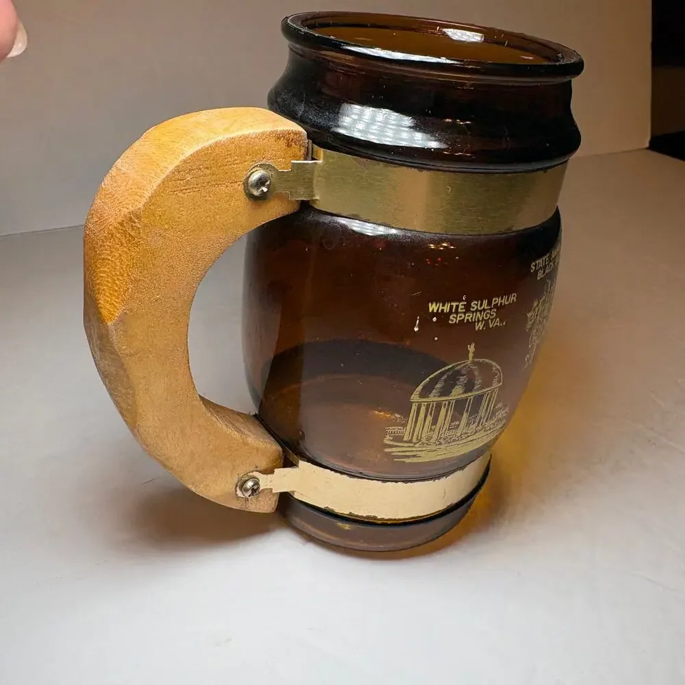 Vintage West Virginia Souvenir Brown Glass Barrel Mug Wood Handle Greenbrier